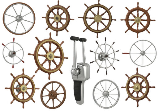 Collection of various wooden ship steering wheels and a metallic boat throttle control lever isolated on a black background