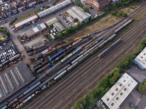 Aerial drone 4K view of town layout surrounded by countryside fields Burton on Trent