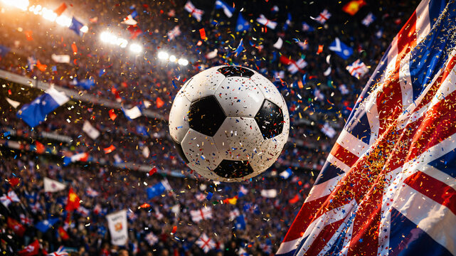 soccer ball flying in midair over a brightly lit crowded sports stadium during a football championship match with flying confetti and the united kingdom flag
