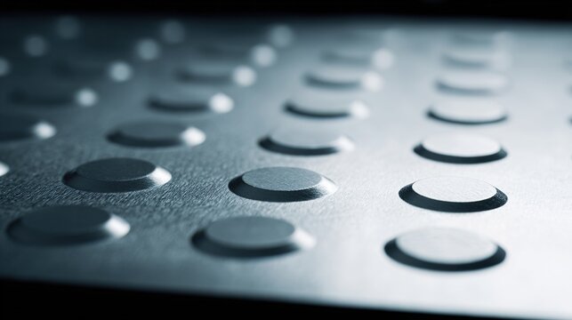 dimple. Close-up of a hammered tin sheet showing geometric dimple texture with dramatic shadows. safety posters, maintenance manuals, designed for industrial assembly lines and welding operations.