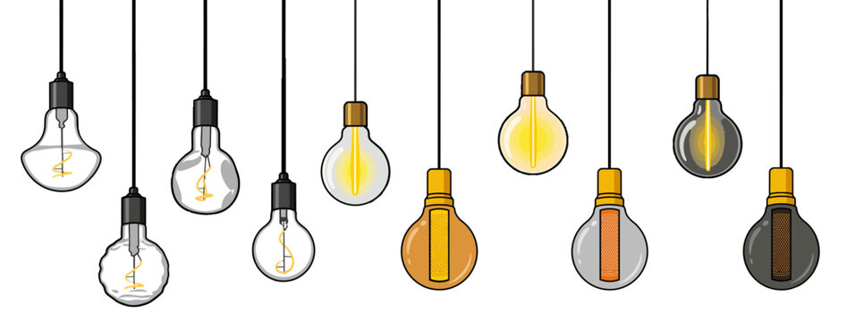 Set of hanging modern and vintage incandescent LED light bulbs vector illustration