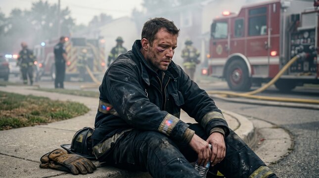 Exhausted Firefighter Sitting on Curb After Intense Firefighting Scene.