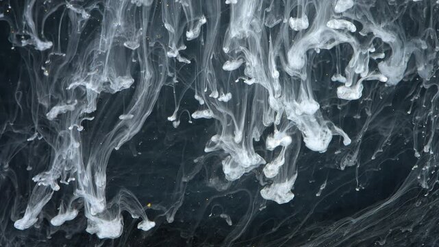Dark liquid ink tendrils swirling underwater, laboratory experiment mood and art installation feel, highcontrast closeup of ghostly white plumes