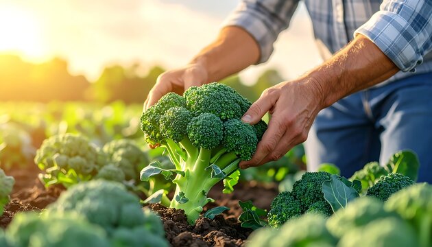 Farmer Harvesting Fresh Broccoli in a Field at Sunset.