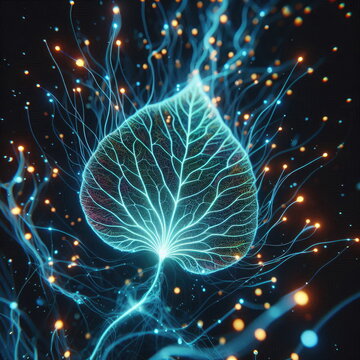 Ethereal Bioluminescent Chacruna Leaf Revealing Glowing Neural Pathways