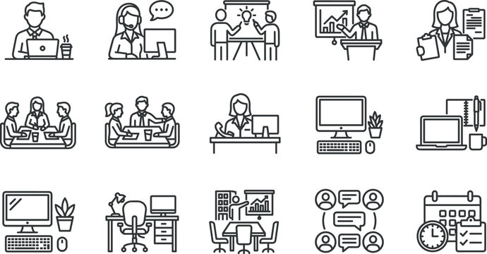 Coworking office business line icon set for corporate management teamwork training presentation layout and remote freelance website user interface