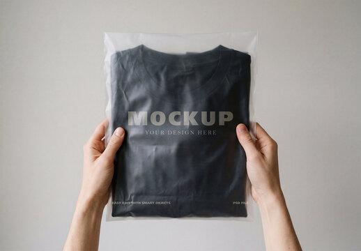 Clothing Packaging Mockup Held in Frosted Plastic Bag