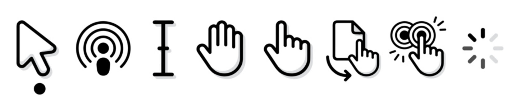 Set of black and white cursor and hand pointer icons including pointer, touch, click, scroll, drag and loading symbol on transparent background