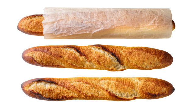 Three fresh baguettes, one wrapped in parchment paper