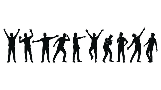 Black silhouette figures in varied poses, representing human gestures, movement, communication, and expressive body language for design and illustration.