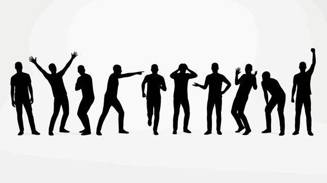 Black silhouette figures in varied poses, representing human gestures, movement, communication, and expressive body language for design and illustration.