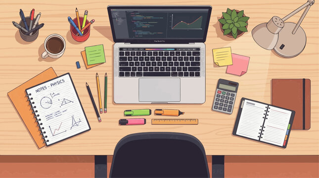 Overhead view of a desk with a laptop, physics notes, calculator, coffee, and stationery for studying and working