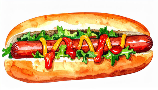 Watercolor painting of tasty hot dog with greens and sauce, hand drawn fast food illustration, isolated on white background.