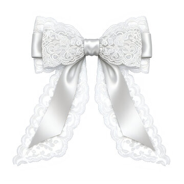 Elegant white lace wedding bow ribbon knot with long tails isolated on transparent background