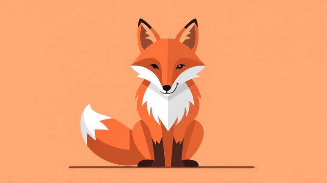Slow panning tracking shot of cartoon fox sitting and shifting tail while changing expression on flat orange background in studio setting, playful mood and simple minimalist composition