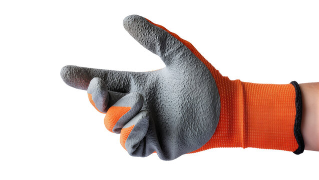 Hand wearing orange and gray textured work glove pointing forward
