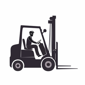 Forklift driver in hard hat operating industrial vehicle side view with forklift operator industry