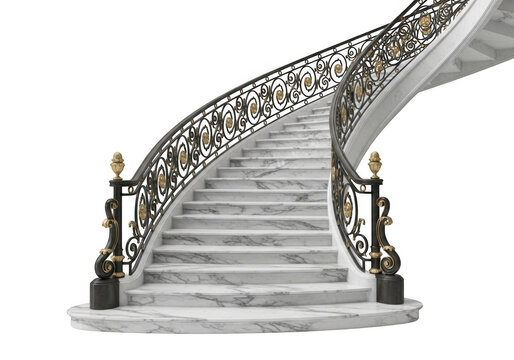 Curved white marble staircase with ornate black and gold metal railing isolated on a solid black background