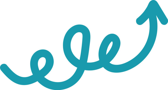 Teal hand-drawn curly arrow pointing upwards representing growth success and creative business progress design concepts