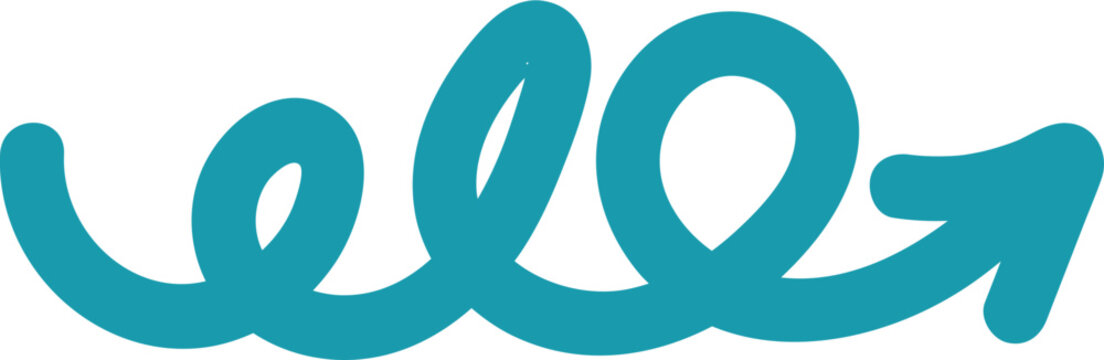 Artistic teal hand-drawn curly arrow graphic pointing rightwards on a black background symbolizing direction and motion.