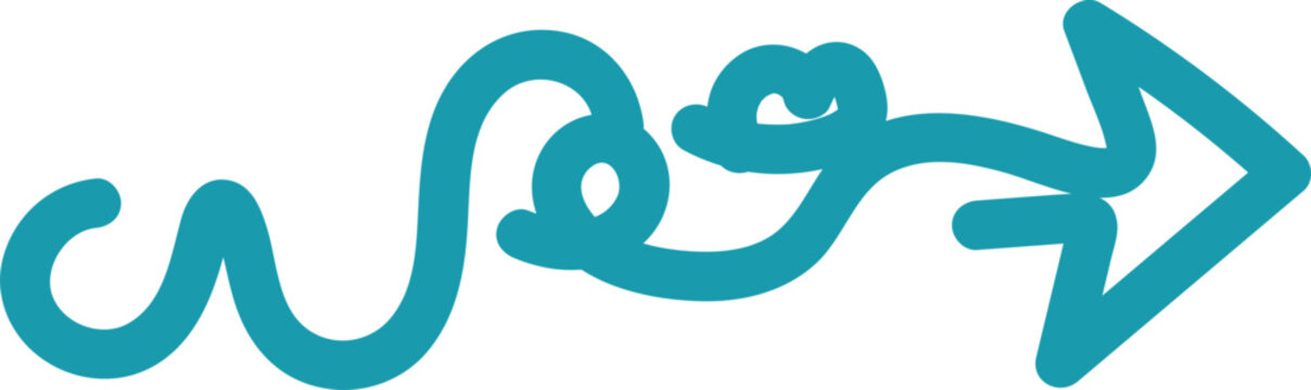 Teal hand-drawn squiggly arrow pointing right representing a creative journey and winding path to success