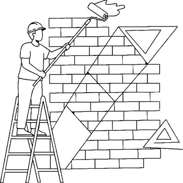 Construction worker plastering brick wall on ladder indoors.