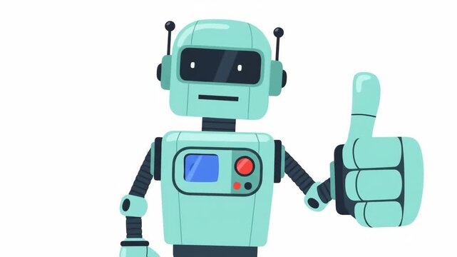 Tracking zoom of retro robot giving thumbs up on white studio background. close in reveals mechanical details and playful pose under bright flat lighting.