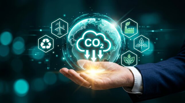 Global warming and renewable energy business concept showing CO2 emission reduction and green technology.