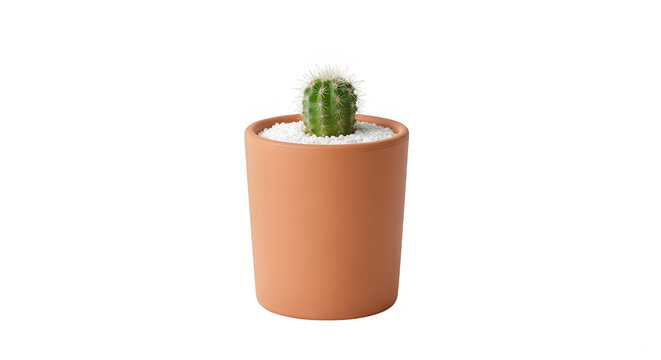 Small green cactus plant in terracotta pot isolated on transparent background