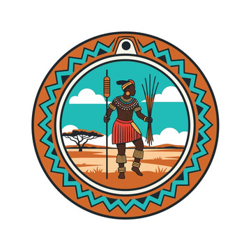 Traditional African Warrior Holding Spear and Shield Illustration.