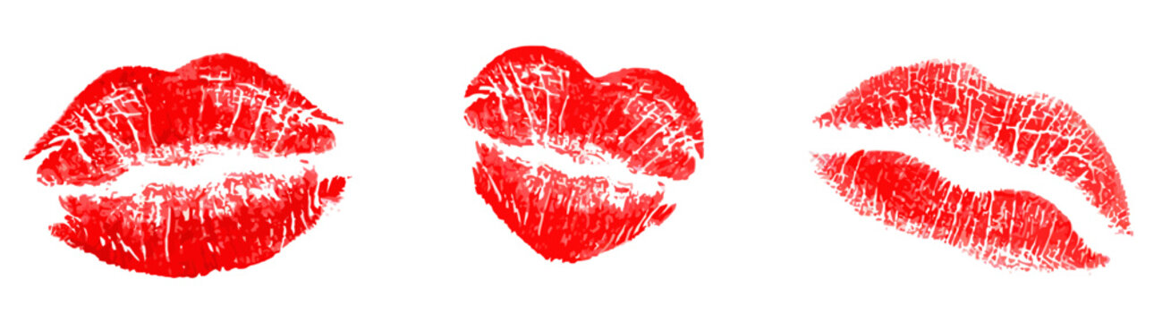 Three red lipstick kiss marks on white background for love concept