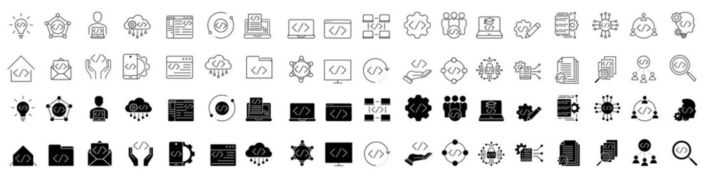 Development icon vector set. Programming Illustration sign collection. Software developer symbol. Program code logo.
