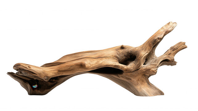 Driftwood branch object with weathered textured wood for natural home decoration or aquascape, transparent background