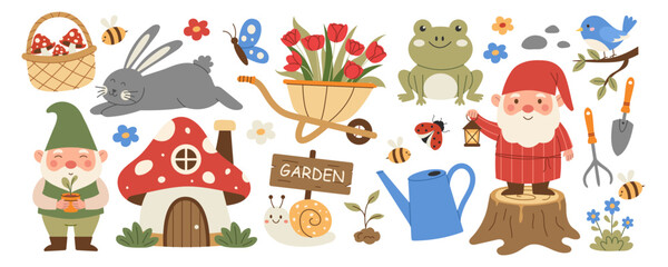 Fototapeta premium Cute fairy tale garden elements set with whimsical gnome characters, woodland animals, mushroom house, flowers and gardening accessories for spring nature designs