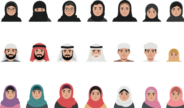 Collection of diverse Muslim avatars wearing traditional clothing, men in thobe and ghutra, women in hijab and niqab, cultural community.