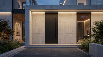 Fototapeta premium Modern architectural entrance with minimalist concrete facade and subtle lighting creating a sophisticated facade