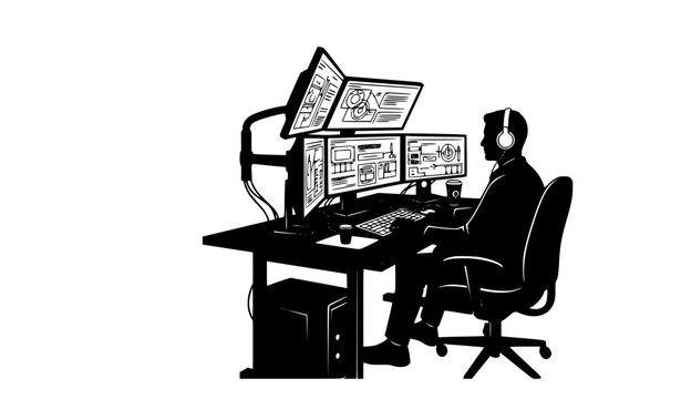 Technology professional silhouette at computer workstation vector illustration