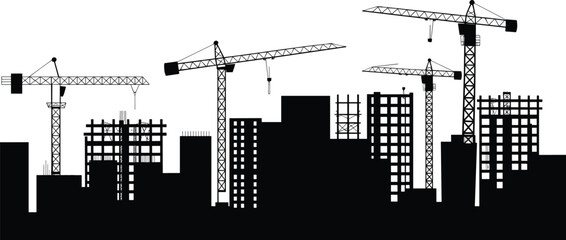 City skyline under construction with tower cranes, building development silhouette, urban growth illustration showing high-rise structures and industrial construction machinery © Mst