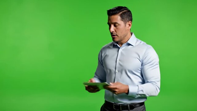 Man interacting with 3 d augmented reality cube on tablet green screen businessman