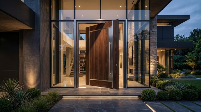Luxurious modern home entrance with a grand pivoting wooden door, illuminated glass walls, showcasing contemporary architecture at twilight