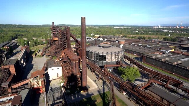 Dolni Vitkovice industrial complex in Ostrava, Moravia, Czech Republic, historic steelworks architecture and massive industrial structures in transformation, real-time footage