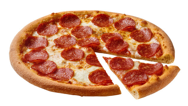 Pepperoni pizza with melted cheese and one slice removed