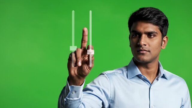 Man interacting with virtual touchscreen interface on green screen businessman interaction
