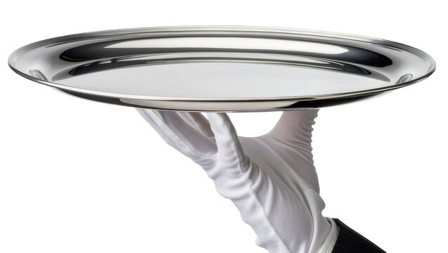 Silver serving tray held by hand in white glove