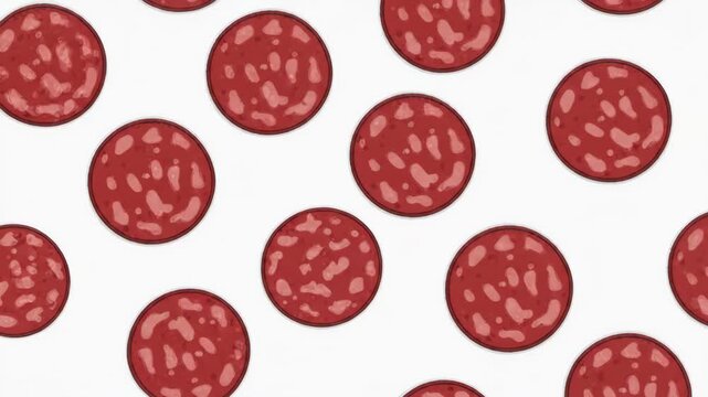 Pepperoni slices sliding across white background in repeating pattern. closeup movement of circular salami meat arranged on flat minimalist surface with bright playful mood
