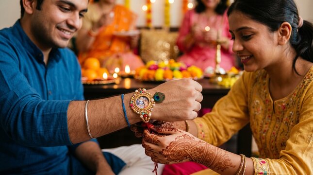 Sister tying the rakhi, Raksha Bandhan to brother's wrist during festival or ceremony - Raksha Bandhan celebrated across India as selfless love or relationship between brother and sister 