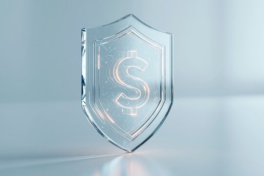 saving money securely. financial protection concept. Transparent shield with glowing dollar sign symbolizing financial security and protection in modern design
