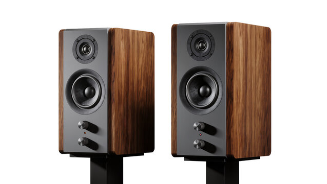 Wooden bookshelf speakers with grey front panels and knobs