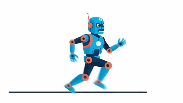 Tracking shot of blue humanoid robot sprinting across white studio line on flat background. minimal animated character runs with exaggerated stride conveying energetic motion and loopable cycle.