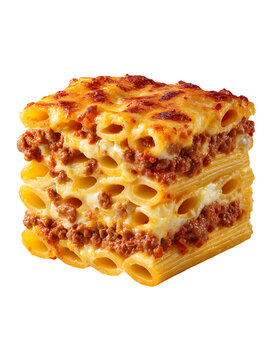 Layered baked ziti with rigati pasta, rich meat sauce, and melted cheese, baked to a golden brown finish.